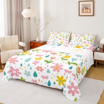 Manfei Cute Flower Floral Bed Sheets,Multicolor Polka Dots King Sheets,Pink Yellow White Sheet Set For Girls,Luxury Bedroom Decor,4pcs