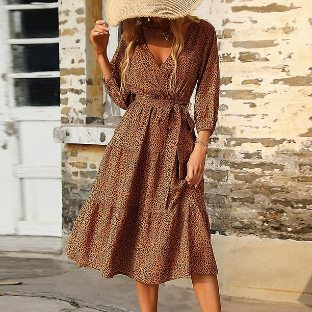 Women Leopard Print Shirt Dress Midi Sundress Sexy Flowy Dresses Ruffle Hem 3 19 Sleeve