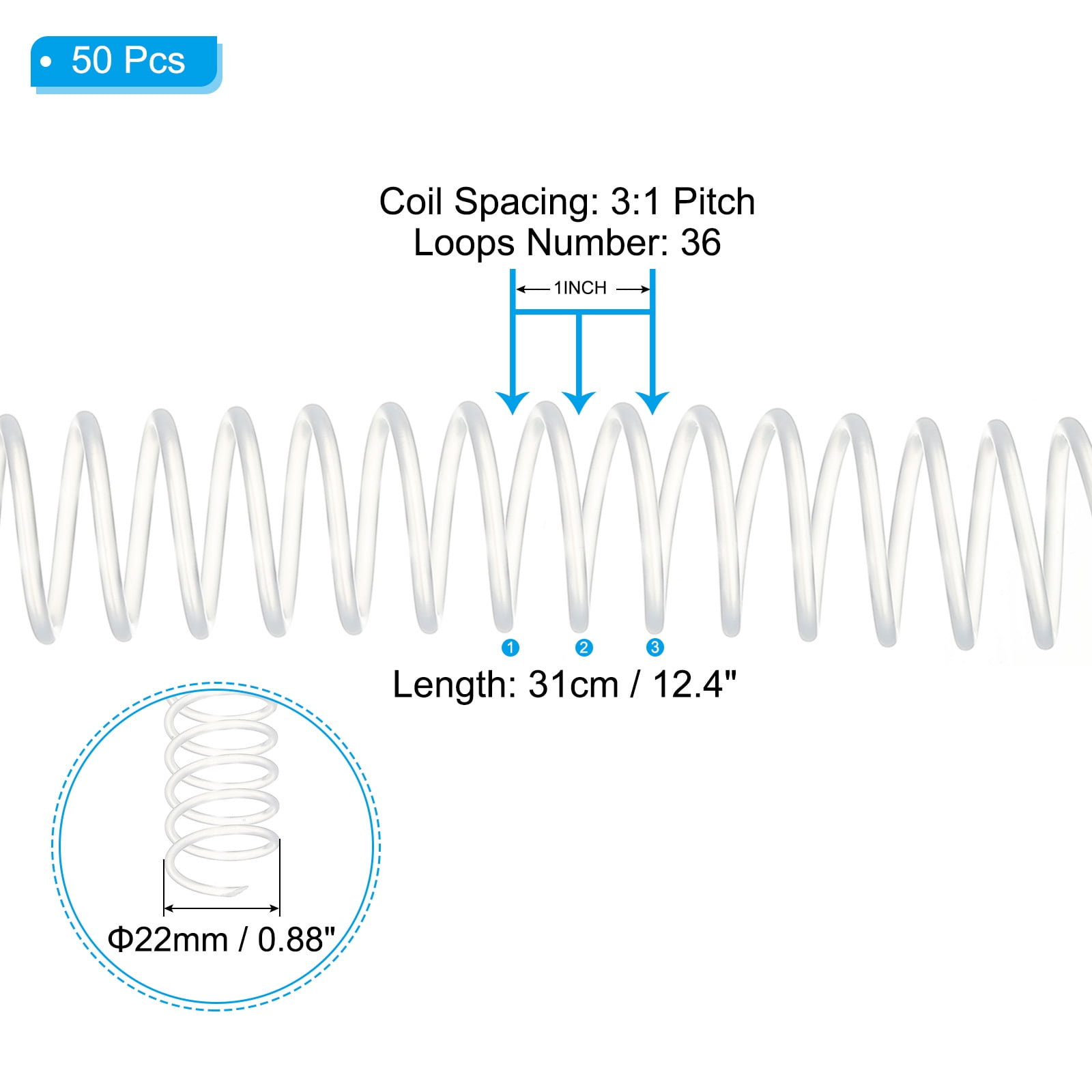 Uxcell 22mm(7/8") Plastic Spiral Binding Coils, 50 Pcs Binding Spirals 190 Sheet Capacity 3:1 Pitch Binding Spirals for Binding Paper Sheets, Transparent