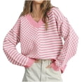 thumbnail image 2 of Suéter de cuello en V para mujer, suéter de punto de invierno con cuello en V, blusa de manga larga a rayas con bloques de color y cuadros para mujer, 2 of 8