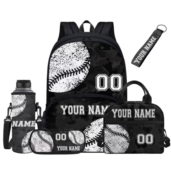 FUIALDOLG Boys Baseball Black Camo Backpack for Kids Personalized School Bag with Lunch Box Set for Girls Back to School Bag Travel Backpack Pencil Case Water Bottle Bag Keychain 5 PCS