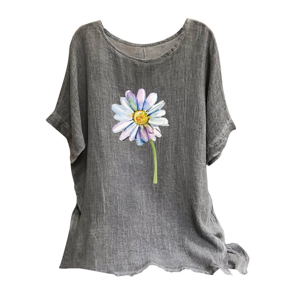 Camisetas de Manga Corta para las Mujeres Mezcla de Lino de Ajuste Suelto Top de Camiseta Casual, Blusas para las Mujeres Casual