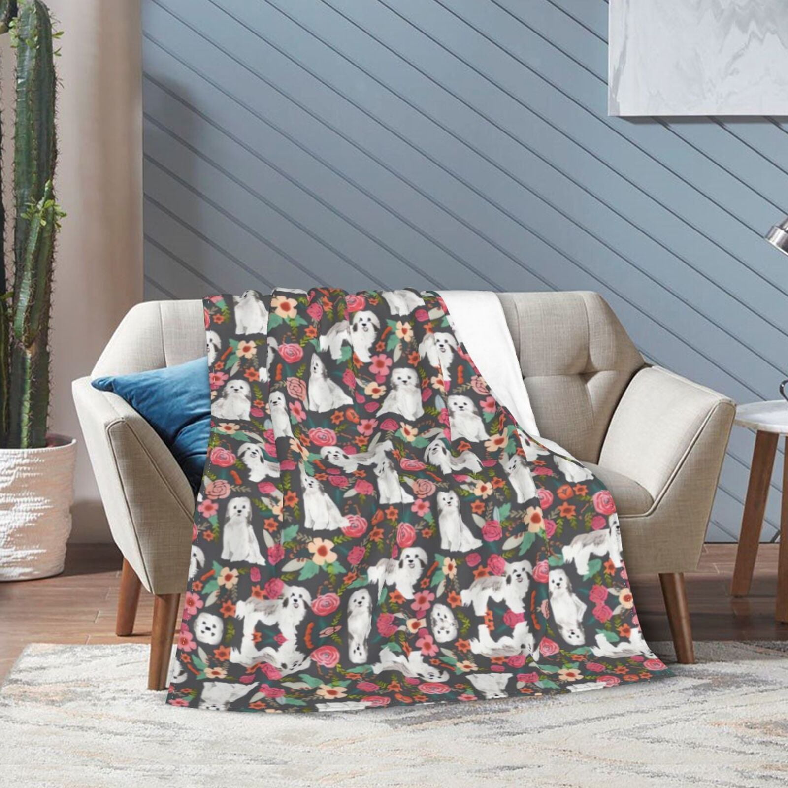 Wijzvio Havanese Dogs Lovers Pink Rose Flower Floral Throw Blanket Soft Fuzzy Fleece Blanket For Couch Bed Living Room Decoration 80"X60"