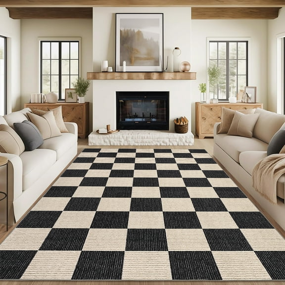 Hasoo Washable Living Room Area Rug 5x7 Modern Checkered Non-Slip Soft Low Pile Indoor Black/Brown Carpet