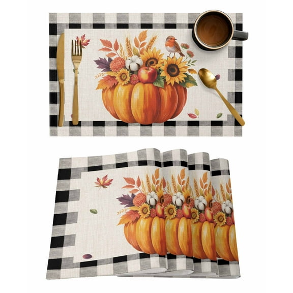 Thanksgiving Placemats Set of 8 Fall Pumpkin Sunflowers Black White Plaid Heat Insulation Washable Place Mats, Rustic Non-Slip Table Mats for Dining Table Party Kitchen Decor,13x19 Inch