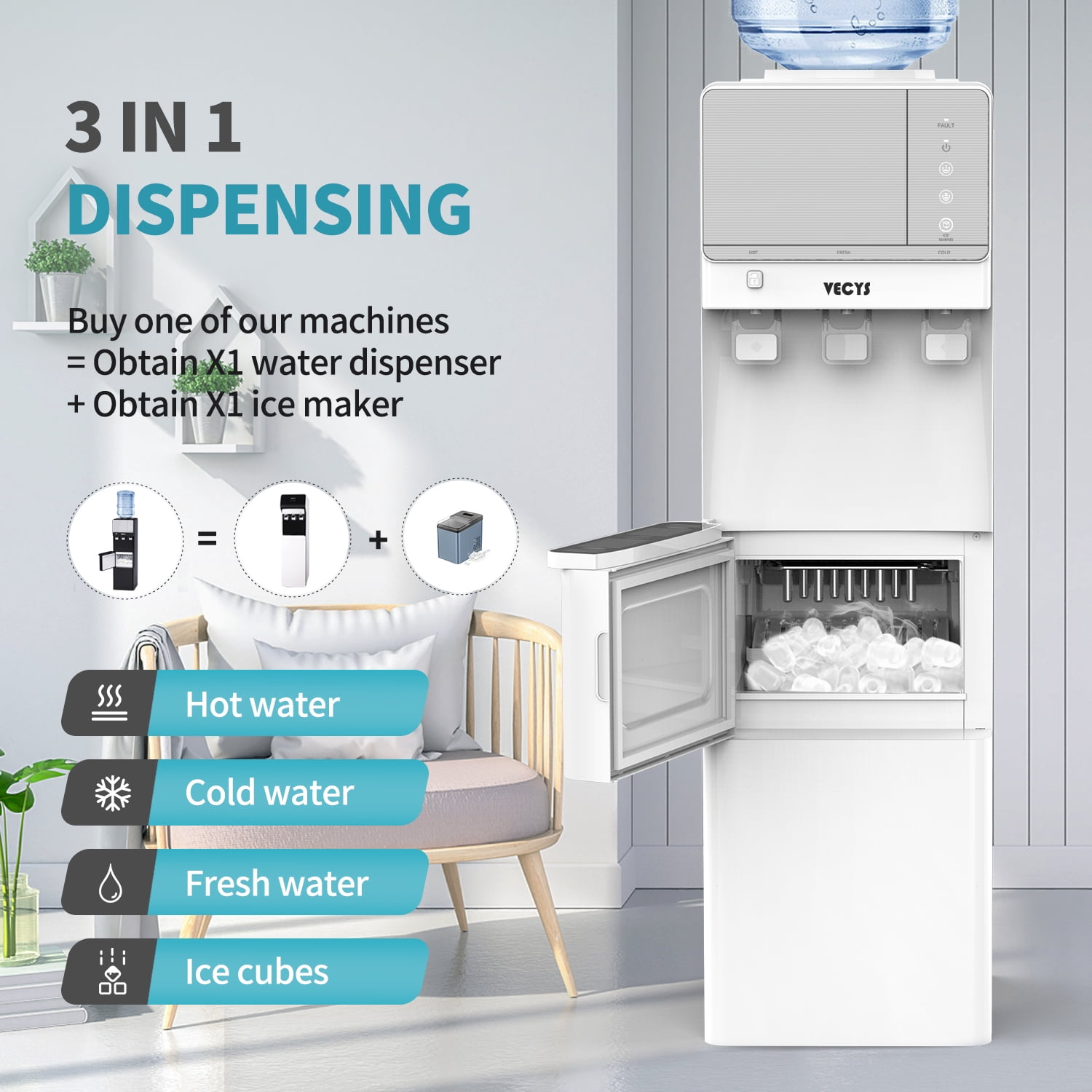 VECYS Countertop Hot Cold Water Dispenser with Ice Maker, 27 lbs Daily Ice, Child Lock