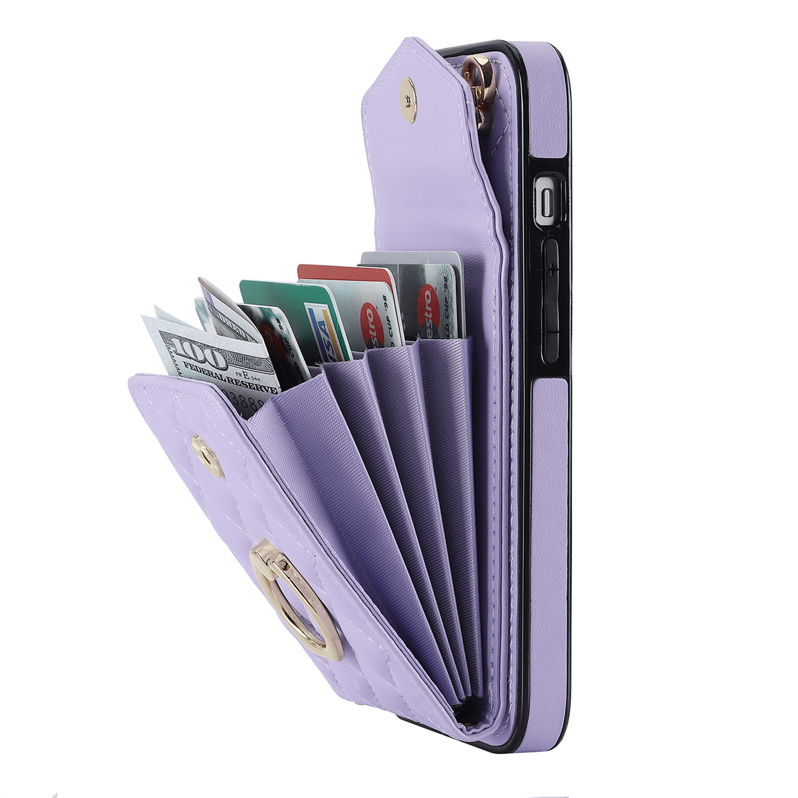 Asuwish Wallet RFID Blocking PU Leather Cell Phone Case with Tempered Glass Screen Protector, Wrist Strap for iPhone 14 Plus, Purple