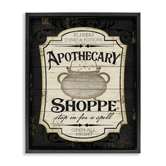 Stupell Industries Apothecary Shoppe Spooky Sign Holiday Painting Black Floater Framed Canvas Art Print Wall Art, 17 x 21