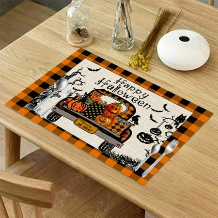 

Halloween Placemats Set of 6 Ghost Owl Pumpkin Heat-Resistant Washable Table Place Mats for Kitchen Dining Table Decoration