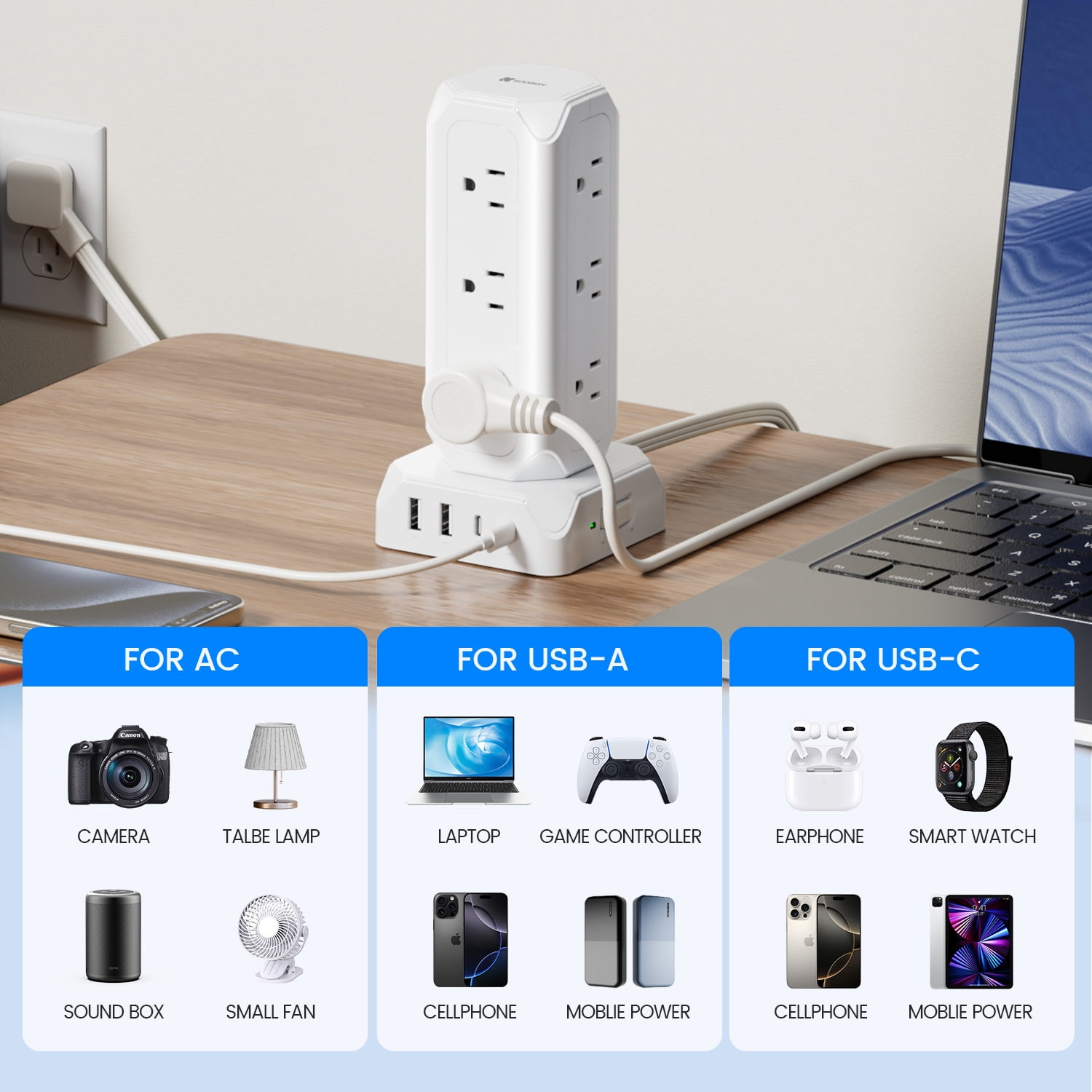 KOOSOM Power Strip Tower, 12 Outlets, 4 USB Ports Charging Station, 1700 Joule Surge Protection, 6.5ft Flat Plug Extension Cord, Multi Charger Station for Home, Office, Dorm
