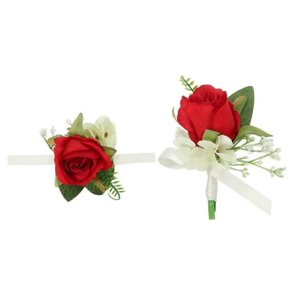 Uxcell 2 Pcs Artificial Rose Wrist Corsage and Boutonnieres Set Wedding Party Red
