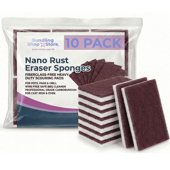 Nano Rust Eraser Sponges Fiberglass-Free Heavy Duty Scouring Pads for Pots, Pans & Grill Wire-Free Safe BBQ Cleaner Professional Grade Carborundum - Pack 10