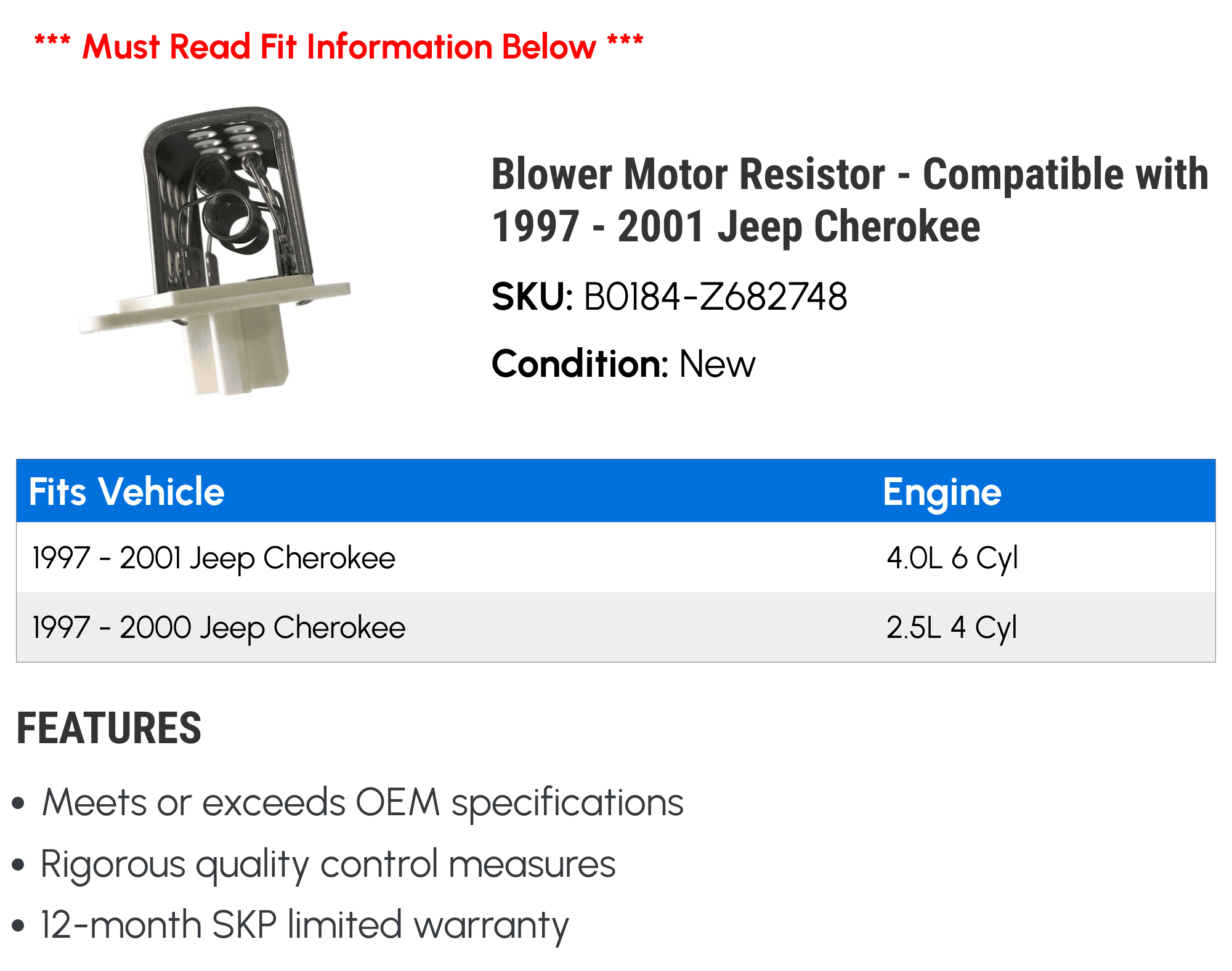 Blower Motor Resistor - Compatible with 1997 - 2001 Jeep Cherokee 1998 1999 2000