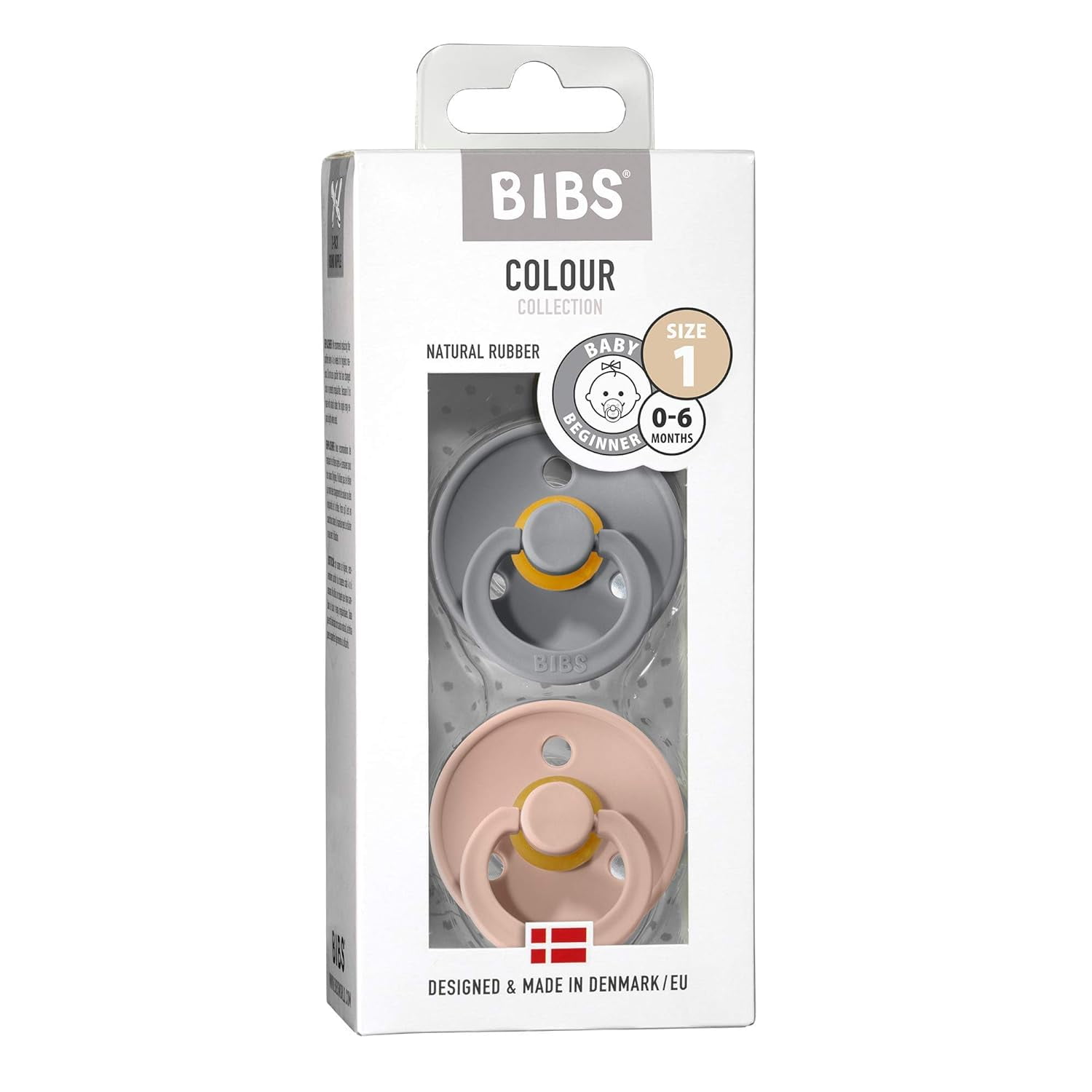 BIBS Colour Latex Infant Pacifier Size 1, 0-6 Months, Cloud/Blush, 2 Count