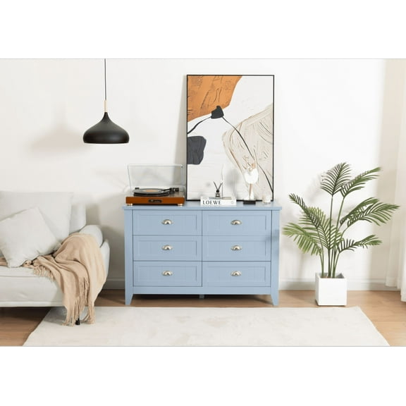 6 Drawer Dresser, 47" Wide Mid Century Chest of Drawers,Wooden Bedroom Drawer Dresser with 6 Storage Drawers for Bedroom,Living Room, Hallway,Light Blue