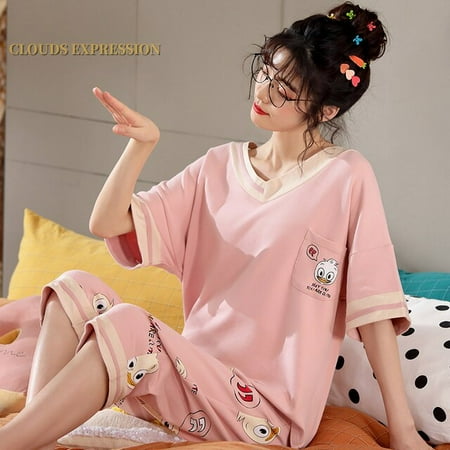 

QWZNDZGR New Arrivals Knitted Cotton Summer Short Sleeved Plus Size M-5XL Women Pajamas Set Pyjamas Women Sleepwear Cute Cartoon Pijamas