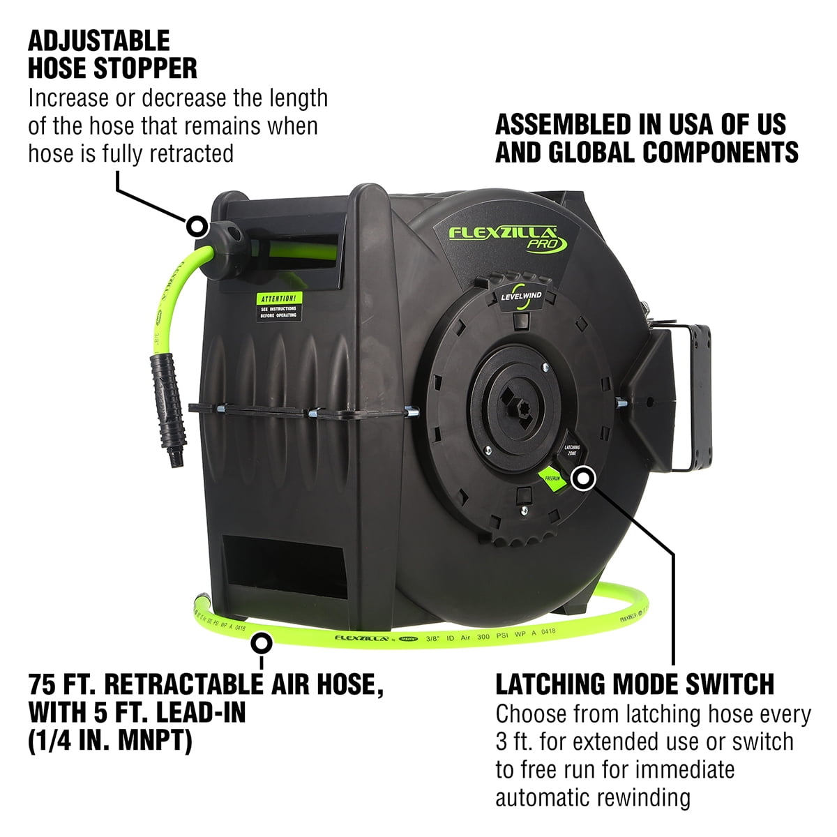Flexzilla® Pro Retractable Air Hose Reel with Levelwind Technology, 3/8" x 75', ZillaGreen®