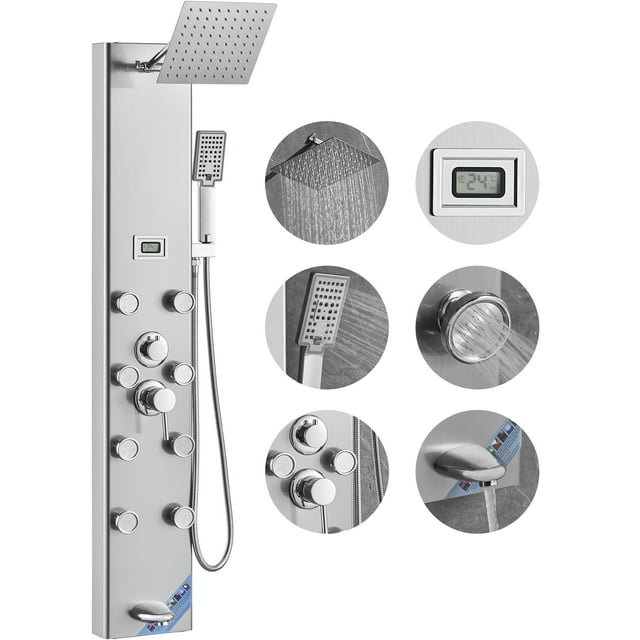 Sistema de panel de ducha VEVOR 5 Modos de ducha 8 chorros de masaje acero inoxidable 304