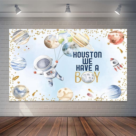 Outer Space Baby Shower Backdrop Galaxy Planets Astronaut Baby Shower Photography Background for Boy Houston We Have A Boy Cake Table Decorations Banner Photo Studio Props