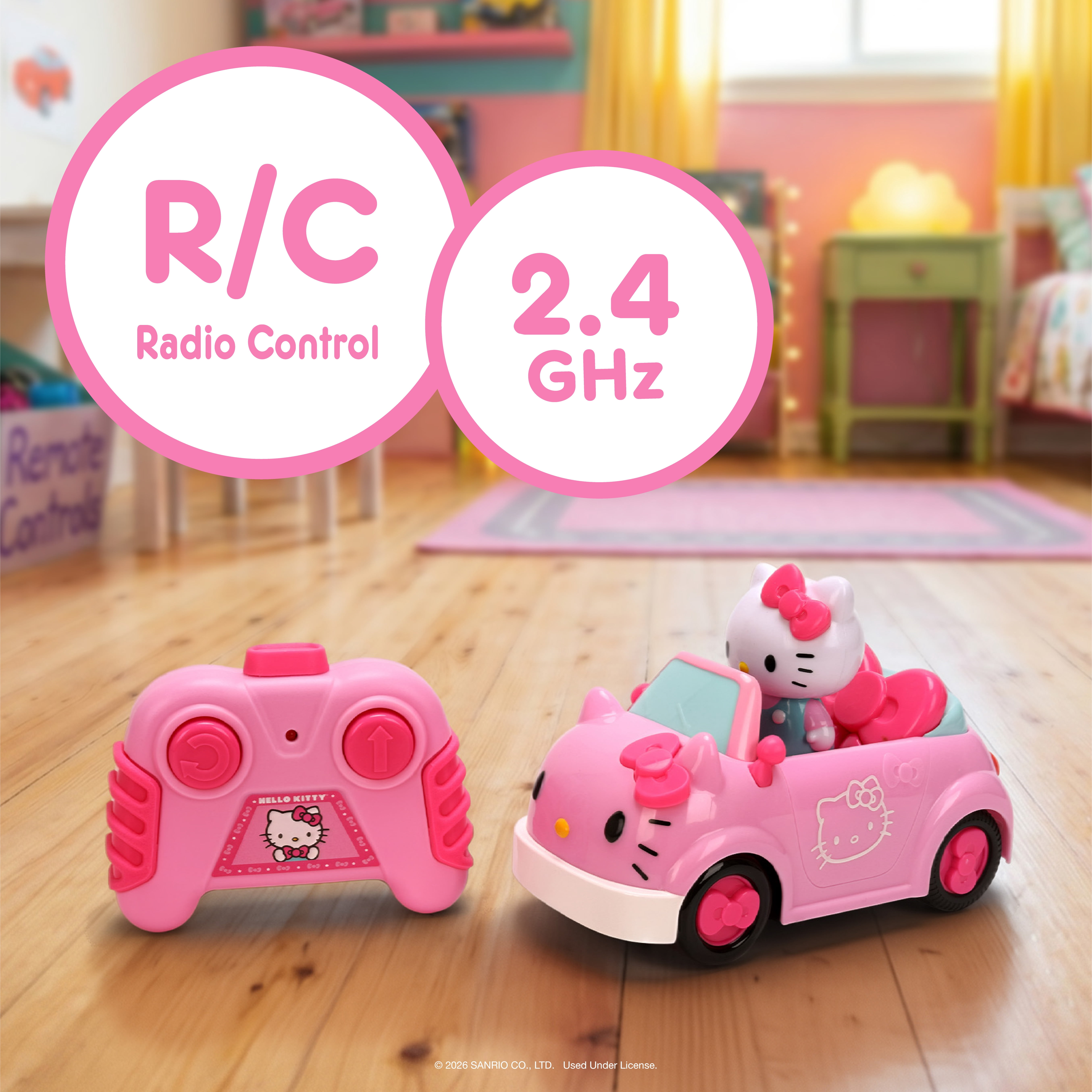Hello Kitty RC Car 1:32 Scale Vehicle – Simple Function Remote Control Pink Convertible with Non-Removable Figure by Jada Toys