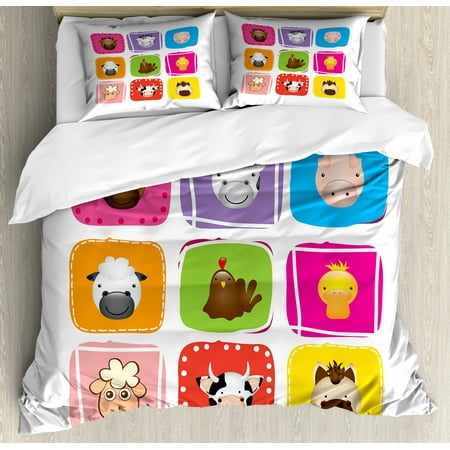 Matching Crib And Twin Bedding Sets Baby Duvet Cover Set, Geometric Pattern with Squares Animal Faces Horse Chicken Cow Duck Sheep and Pig, Decorative Bedding Set with Pillow Shams, Silver Emerald, by Ambesonne ()