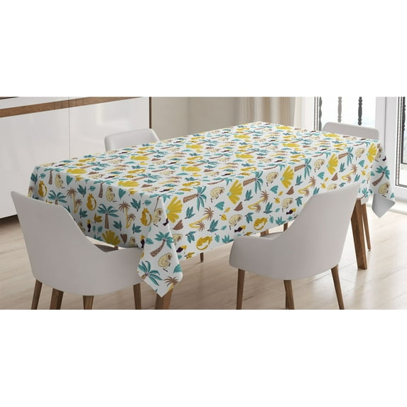 Tropical Tablecloth, Monkeys Toucans Leopards and Island Plantation Hawaiian Style Repetition Print, Rectangle Satin Table Cover Accent for Dining Room and Kitchen, 60" X 90", Multicolor, by Ambesonne