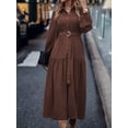 thumbnail image 3 of Chocolate Brown Lantern Sleeve Tiered Hem Belted Shirt Dress Maxi For Women, 3 of 6