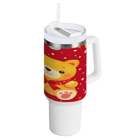 

40 Oz Car Handle Water Bottle 10.8x3.85 Inch Handle And Straw Travel Water Bottle Reusable Stainless Steel Water Bottle Red Christmas Cartoon Bear