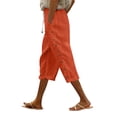 thumbnail image 2 of Linen Pedal Pushers for Women Lightweight Summer Side Buttons Linen Capri Pants Casual Elastic Waist Gauze Pants Orange 2XL, 2 of 7