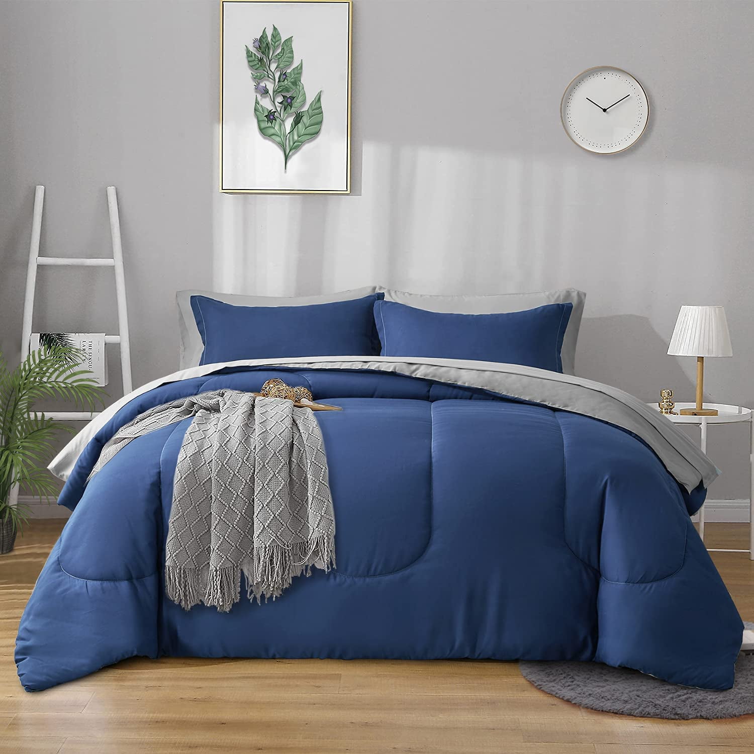Uozzi Bedding Bed in a Bag 7 Pieces King Size 1 Comforter, 2 Pillow Shams, 1 Flat Sheet, 1 Fitted Sheet, 2 Pillowcases Soft Microfiber Reversible Bed Comforter Set Blue Gray/White Blue Stripes