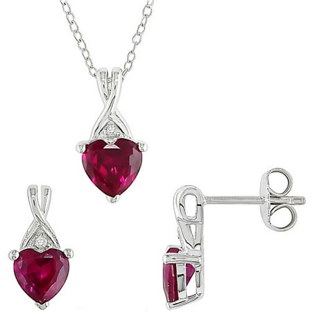3-1/3 Carat T.G.W. Created Ruby and Diamond Accent Sterling Silver Heart Pendant and Earrings