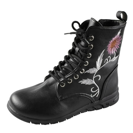 

Jungdeepe Embroidered Printed High Top Boots For Women s Oversized Round Headed Boots Autumn And Winter New Flat Bottom Lace Up Short Boots Classic Tall Boots Studded Womens Booties Stylish Boots