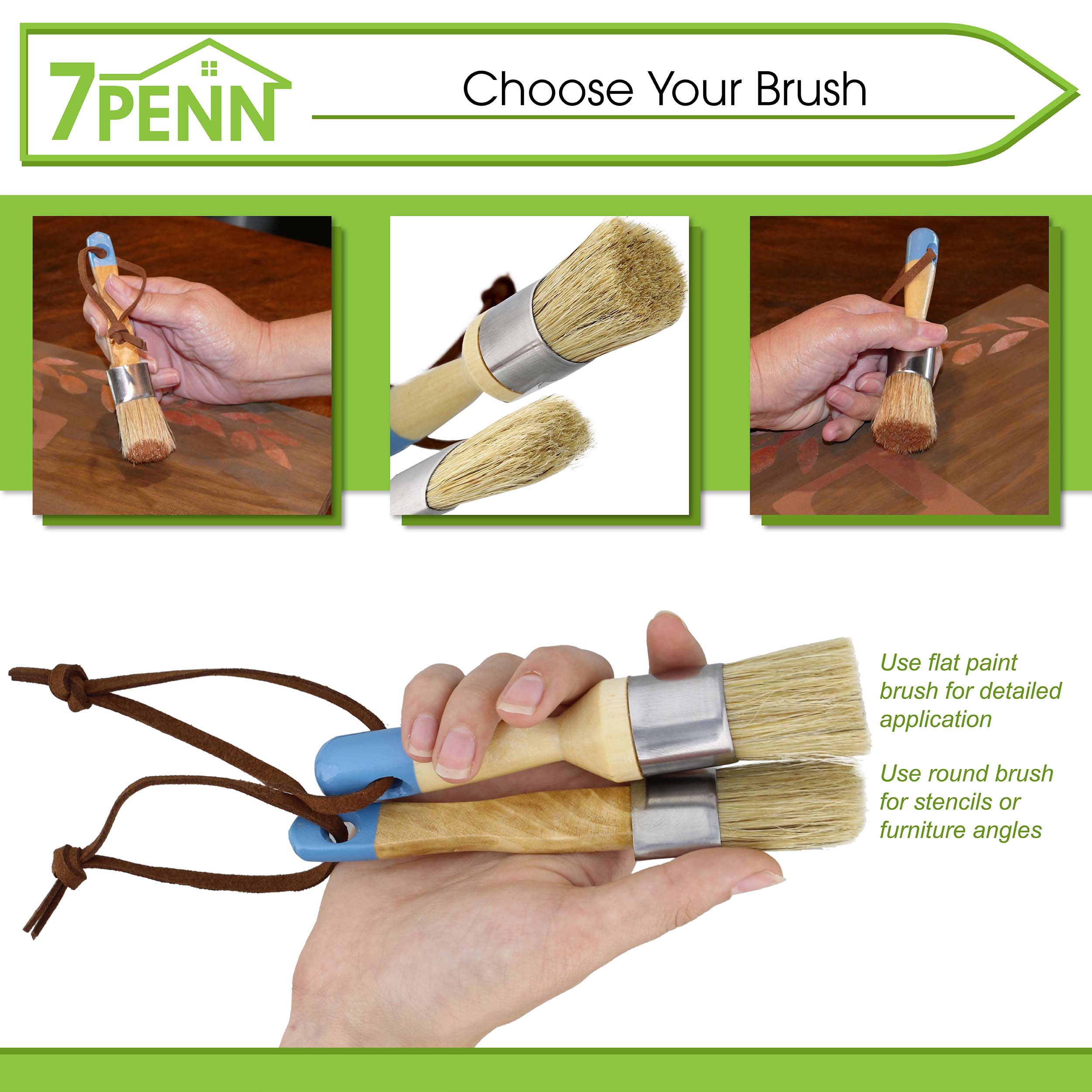 7penn Chalk and Wax Paint Brush - 2pc Flat and Round 1in Craft Paint Brushes