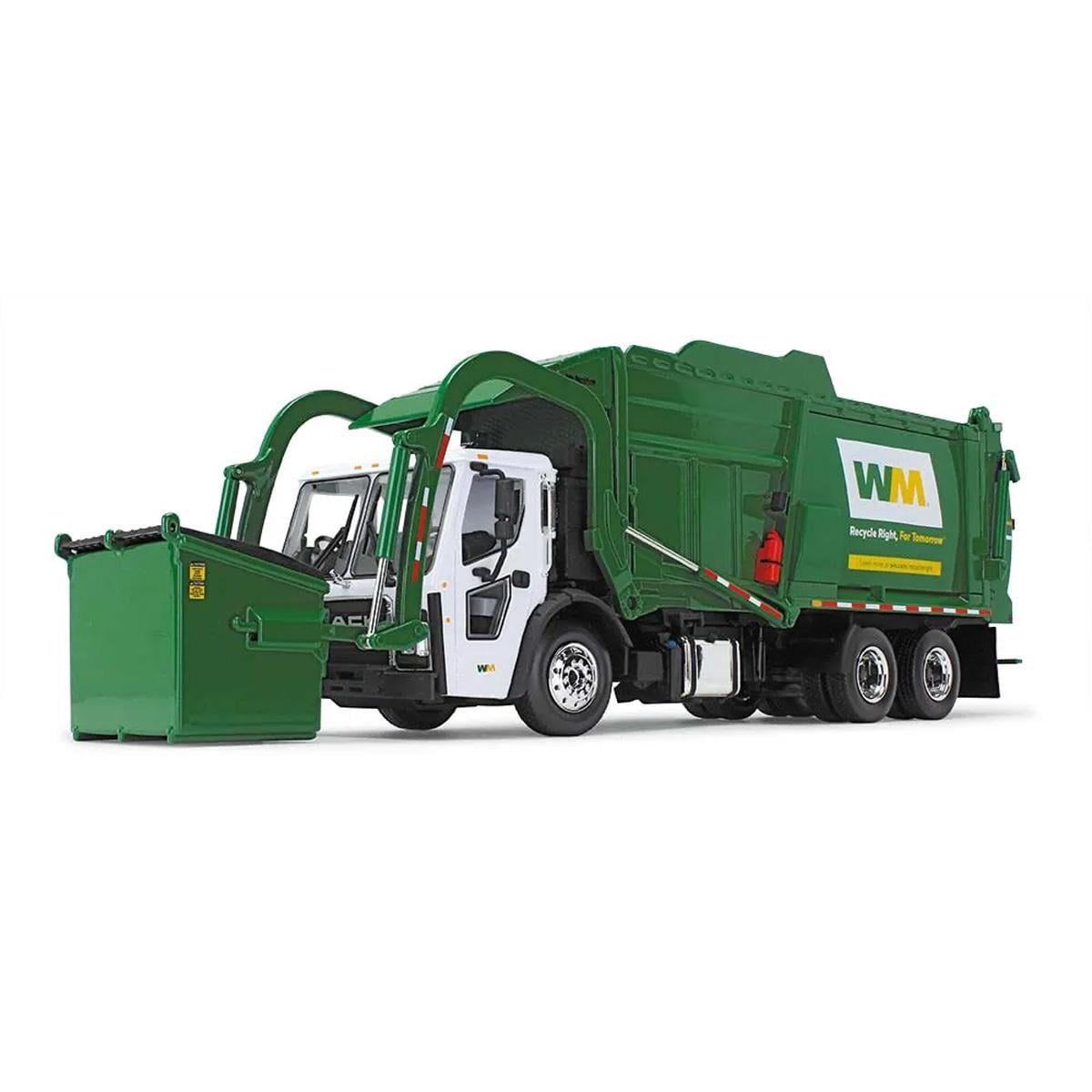 Mack LR "Waste Management" Refuse Garbage Truck w/Front Loader White and Green w/Trash Bin 1/34 Diecast Model by First Gear
