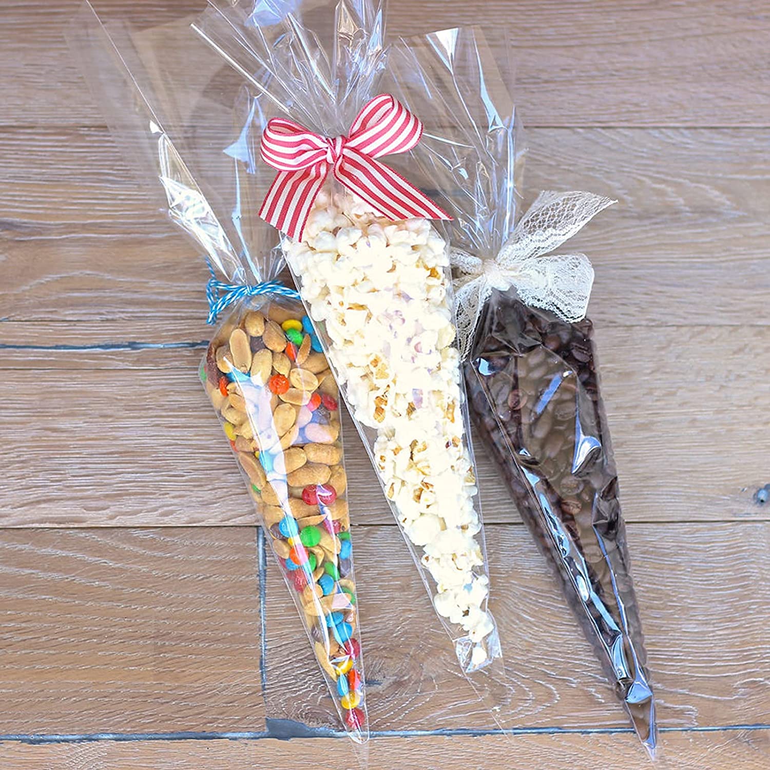 100 Pcs Clear Cone Treat Bags With Twist Ties - 7x15 Inch Disposable Popcorn & Candy Bags For Party Favors