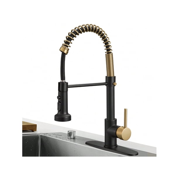 1pc Hoimpro Brass High Arc Spring Kitchen Faucet With Pull Down Sprayer With Cover Plate, Commercial Rv Single Lever Kitchen Sink Faucet With CUPC Hos