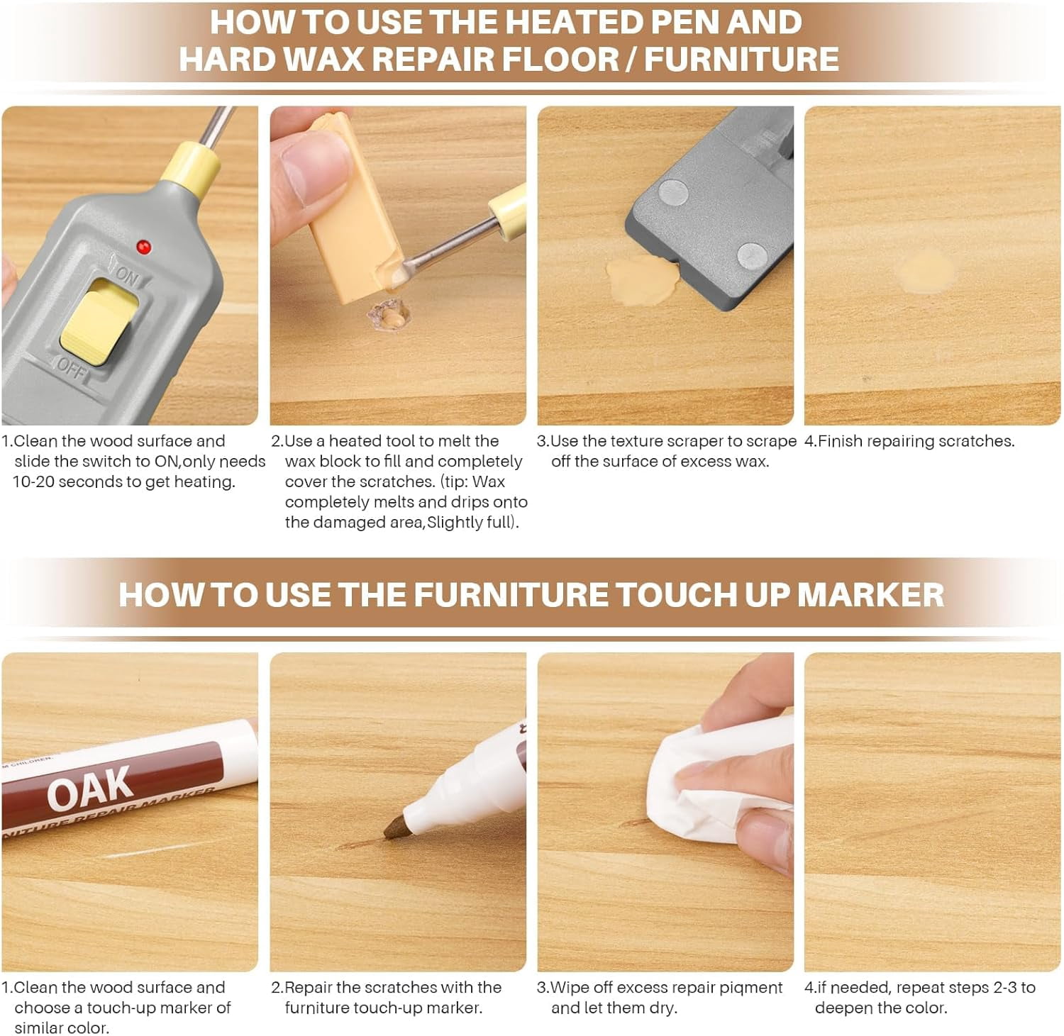 Laminate Floor Repair Kit with Heat Pen, 11 Color Wood Vinyl Furniture Linoleum Hard Wax Touch Up Marker Cover Scratches, Stains, Cracks, Holes for Door, Cabinet, Table.