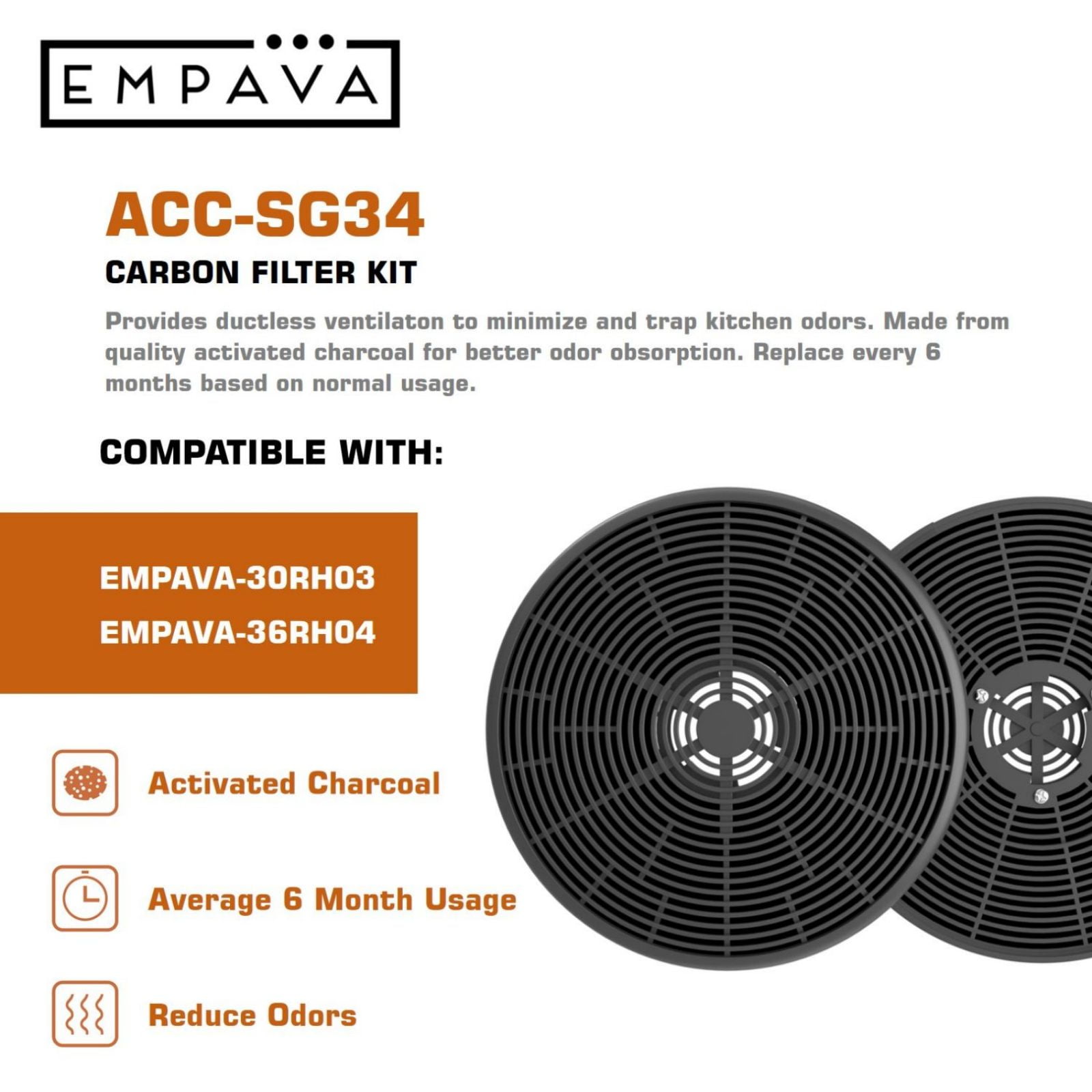 Empava 1 Set of 2 Charcoal Filters for Range Hood 30RH03, 36RH04