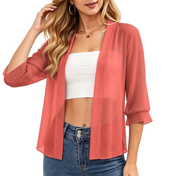jjayotai Womens Summer Thin Cardigan 3/4 Sleeve Sheer Shrugs Trendy Open Front Loose Lightweight Cropped Cardigans