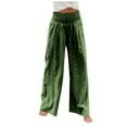 thumbnail image 1 of Women Cotton Linen High Waist Pants Casual Wide Leg Palazzo Lounge Elastic Trousers with Pockets, 1 of 9