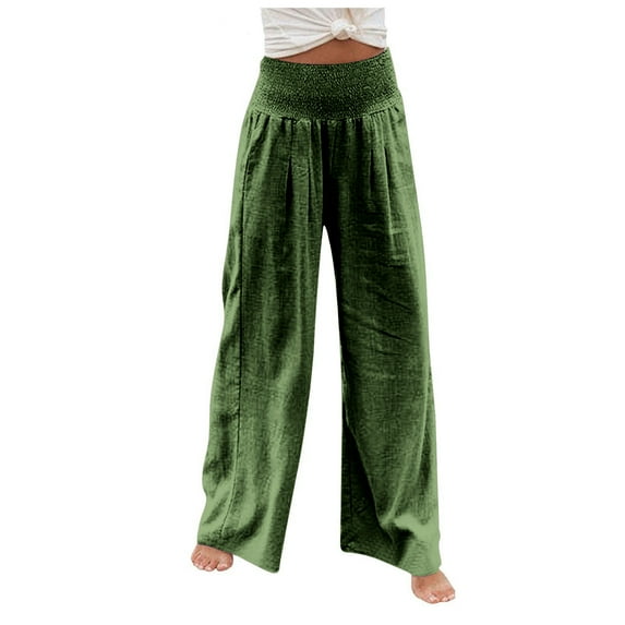 Women Cotton Linen High Waist Pants Casual Wide Leg Palazzo Lounge Elastic Trousers with Pockets