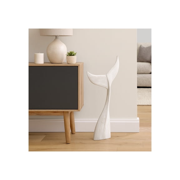 Large Wooden Whale Tail Decorative Decor - Ocean Inspired Sculpture Home, Bathroom, and Office - Costal Statue Ornaments Accent for Living Room, Shelf and Coffee Table Decor - 33", White