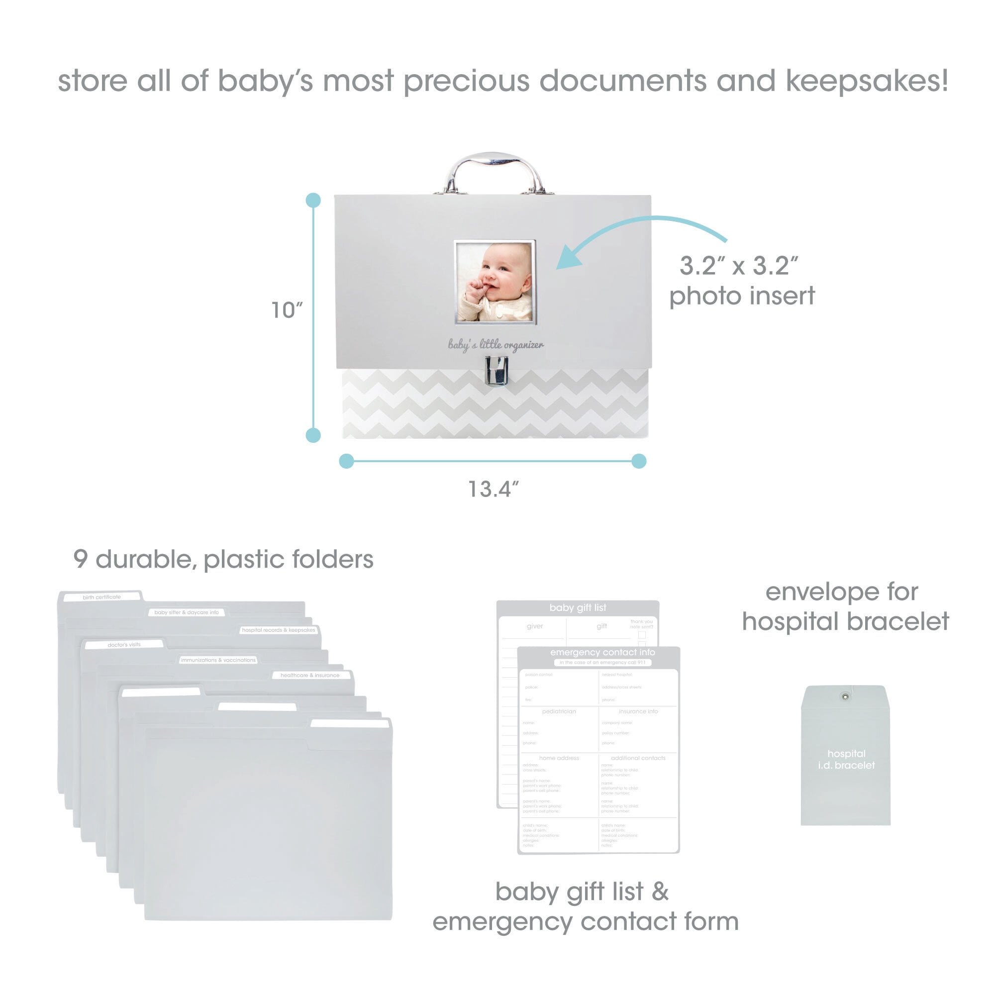 Pearhead Baby Document Organizer with Carry Handle, Briefcase and Document File Keeper, Baby's Paperwork and Records, Newborn, Gray Chevron