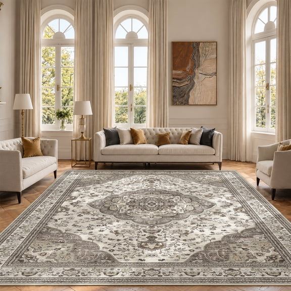 Toyoso 5x7 Vintage Medallion Area Rug, Distressed Floral Oriental Carpet, Soft Low Pile Non-Shedding Rug for Living Room, Bedroom, Dining Room, Faded Boho Home Decor, Gray