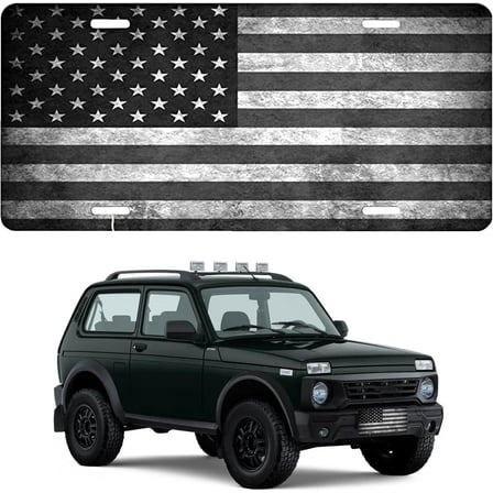Black American Flag License Plate – Rust-Resistant 6x12 Inch Metal Front License Plate Design for Cars, Patriotic Decorative Auto Tag