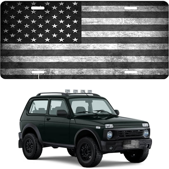 Black American Flag License Plate – Rust-Resistant 6x12 Inch Metal Front License Plate Design for Cars, Patriotic Decorative Auto Tag