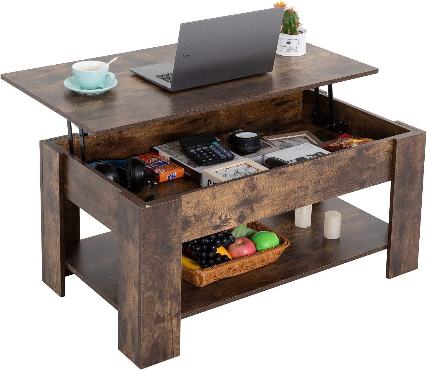 FDW Lift Top Coffee Table with Hidden Compartment and Storage Shelf,39.4",Brown