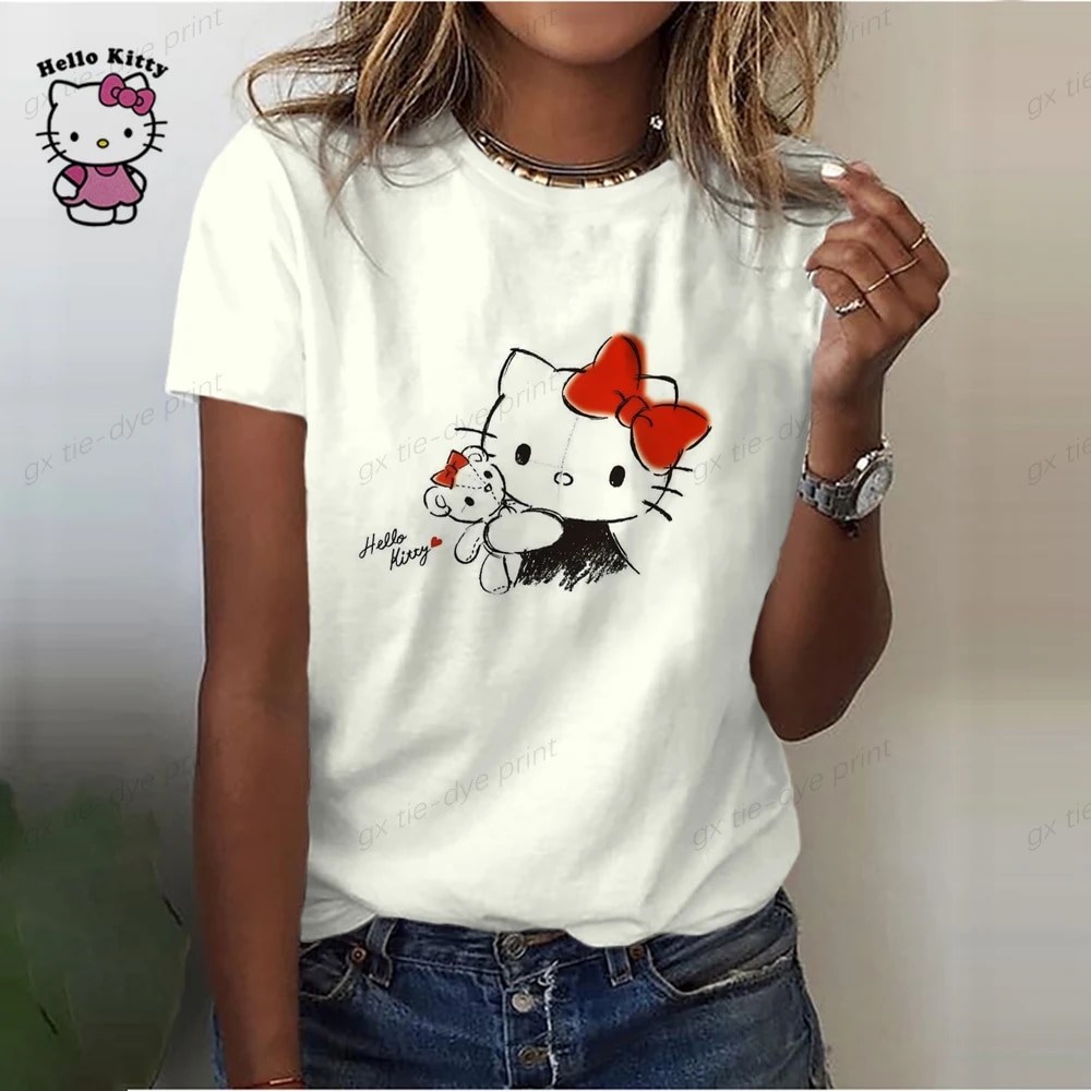 Summer Women‘s T Shirt For Ladies‘s Short Sleeve Tops Tees Fashion Print Hello Kitty Graphics T-shirt For Women‘s Y2k Clothing - image 2 of 7