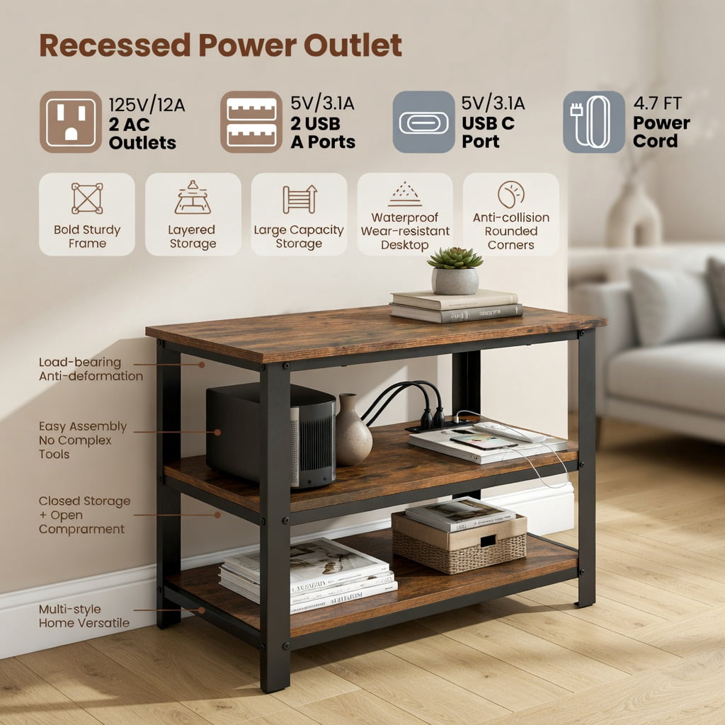 Demi Bonn 3-Tier Industrial TV Stand with Metal Mesh Shelf, Media Entertainment Center with Storage for Living Room, Brown