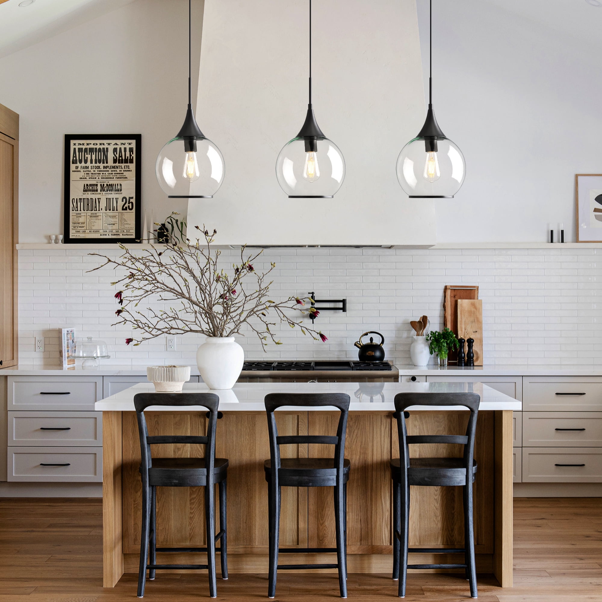 KAISITE Modern Pendant Light Fixture Dimmable Kitchen Island Hanging Ceiling Lights with Glass Shade-Black
